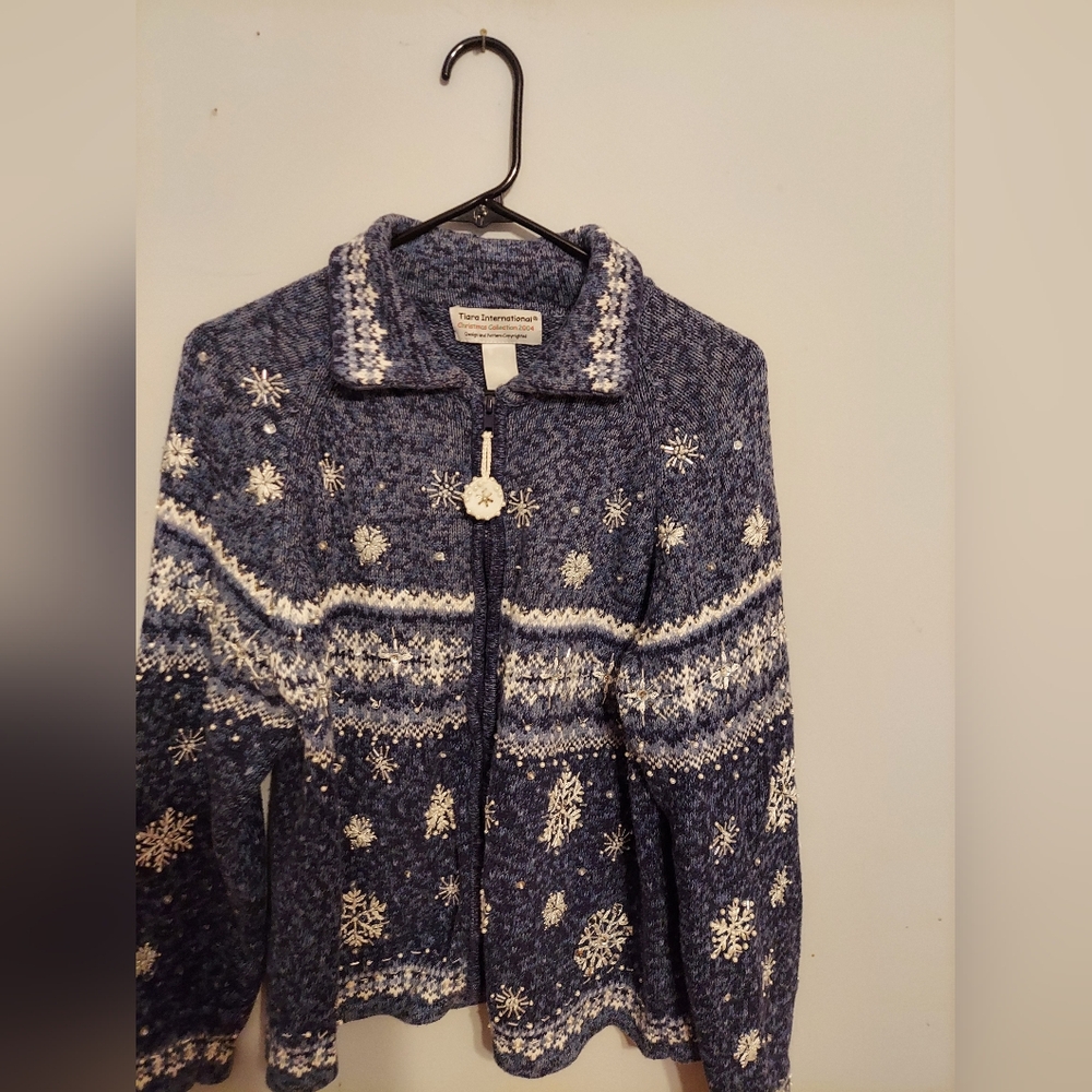 Vintage Y2K Nordic Christmas Jacket L Blue Snowflake Fair Isle Grandma Cabincore
